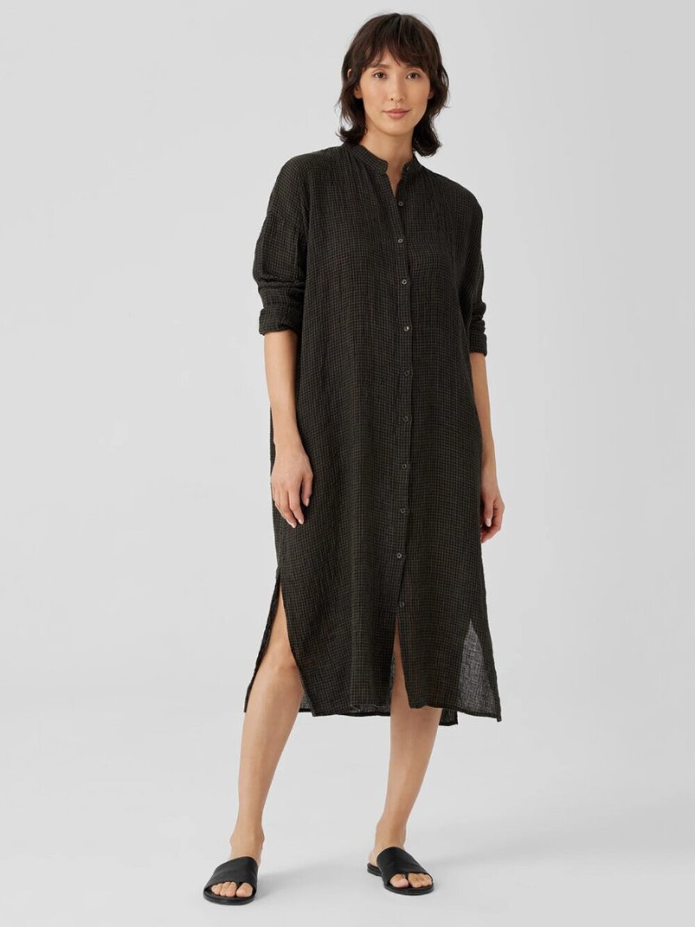 EILEEN FISHER 100% Organic Linen Mandarin Collar Maxi Shirtdress Gingham Large